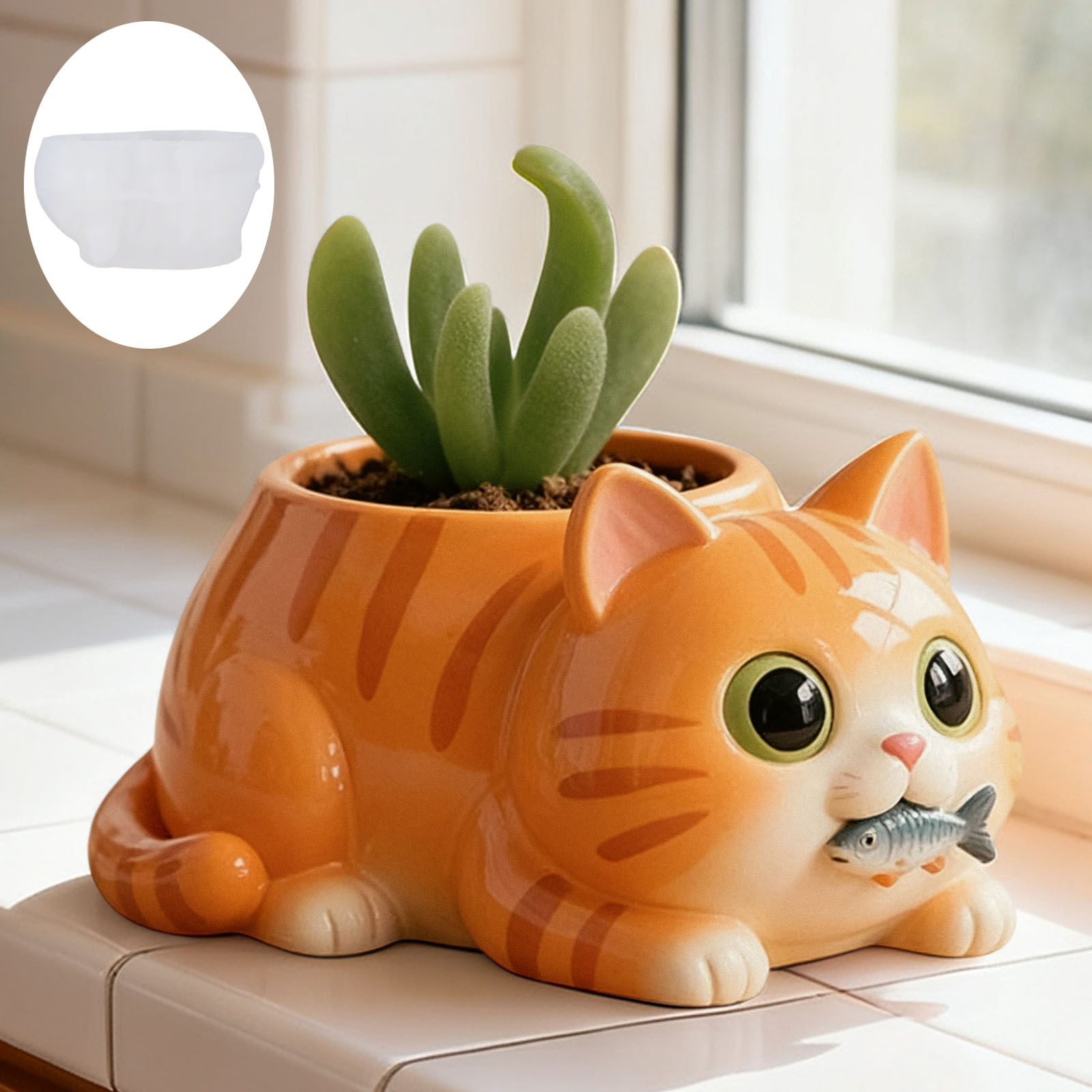 Cat Eating Fish Flower Pot Sil - Potsticker Mold 评论和价格